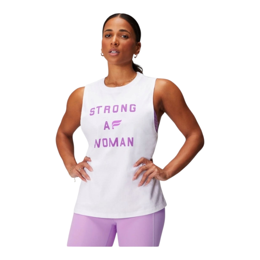Fabletics White Muscle Tee with Purple Graphic